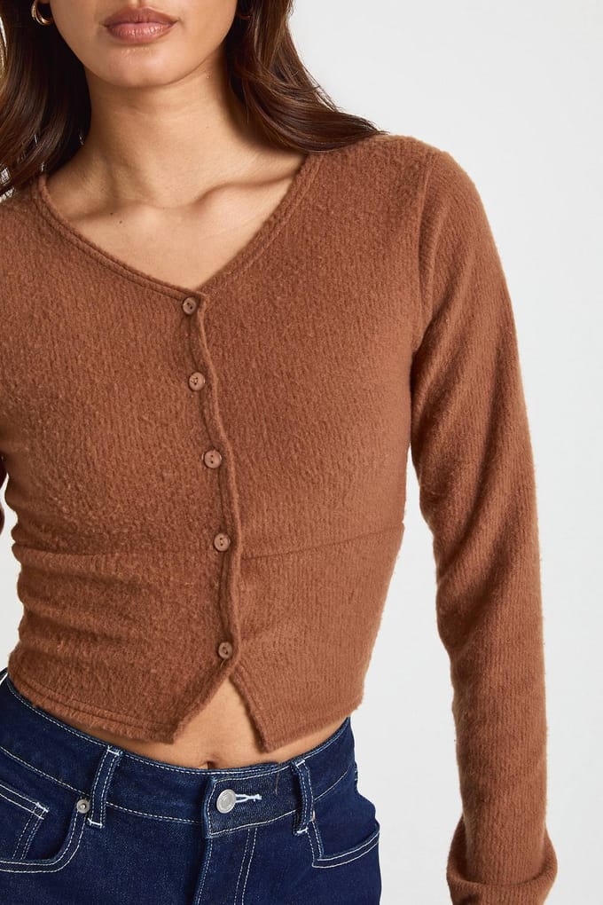 boohoo Dames Wollen Geribbeld Doorknoop Vest | Dark Brown | Maat: 10