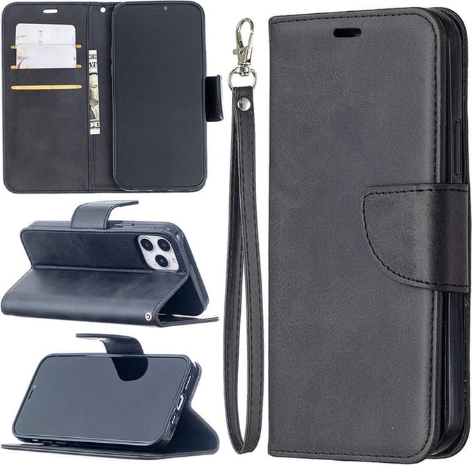 MobyDefend Hoesje - Geschikt voor iPhone 12 / iPhone 12 Pro - Wallet Book Case Met Koord - Zwart