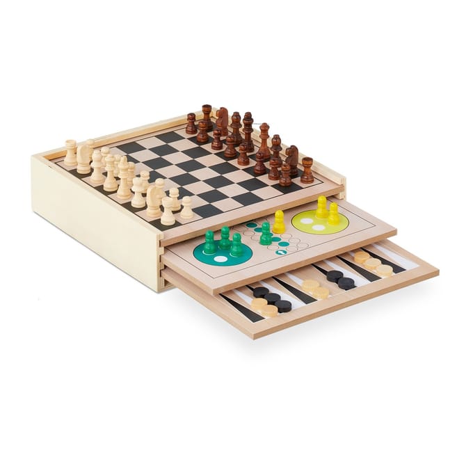 spellendoos - 7 bordspellen - met accessoires - hout