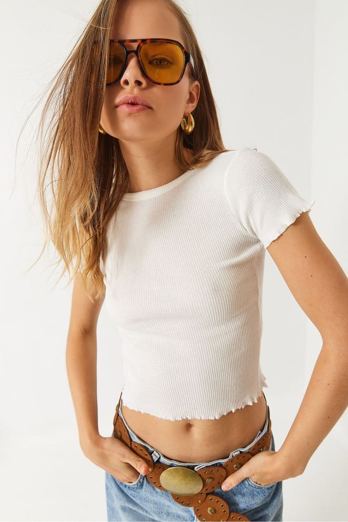 Geribbelde Crop T-shirt met Rimpelrand en Ronde Halslijn