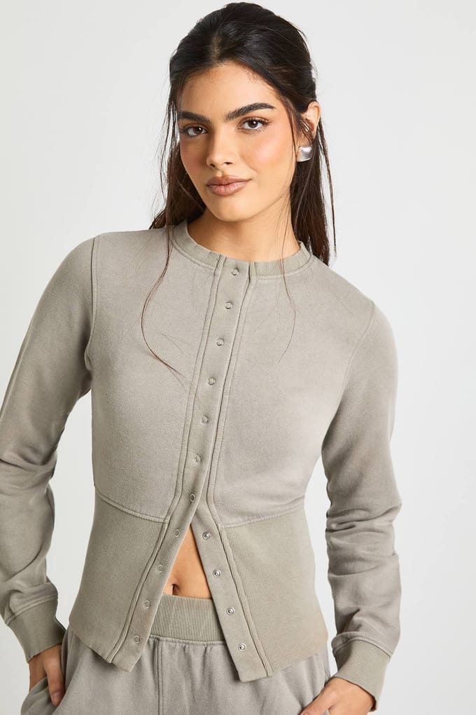 boohoo Dames Gewassen diepe zoom popper bomber sweatshirt trainingspak | Kaki | Maat: Small