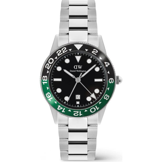 Daniel Wellington DW Watch Iconic GMT Link Black Green Ceramic Bezel Silver 40mm