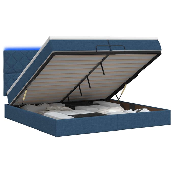 vidaXL - Ottomaanse - Bed - met - Matras - en - LED - Blauw - 200 - x - 200 - cm - Stof