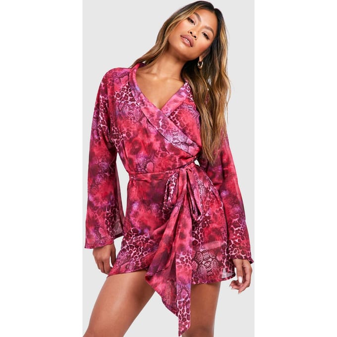 boohoo Dames Dierlijke Print Wikkelmini-Jurk | Roze | Maat: 36