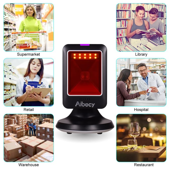 Aibecy 1D 2D QR Barcodescanner USB Lezer Bureau Hand-Free Voor Supermarkt zwart