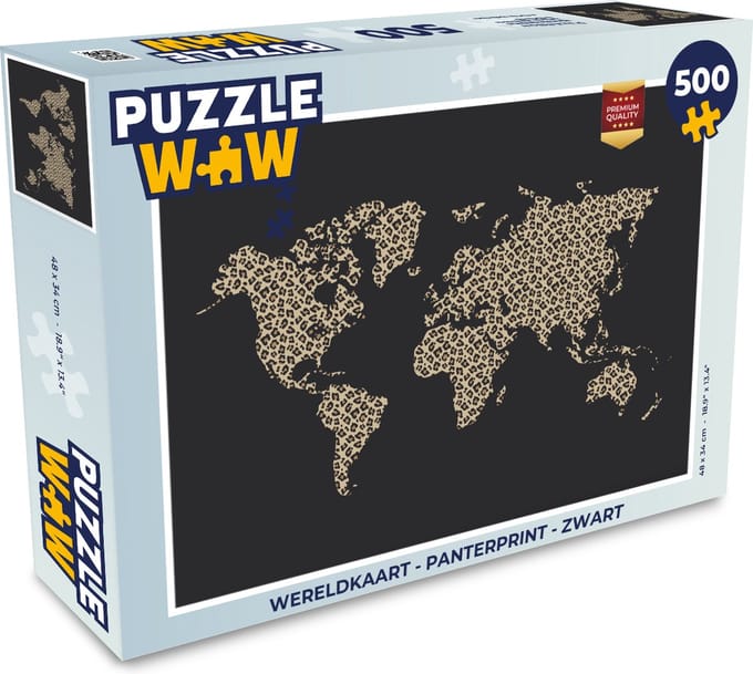 Puzzel Wereldkaart - Panterprint - Zwart - Legpuzzel - Puzzel 500 stukjes