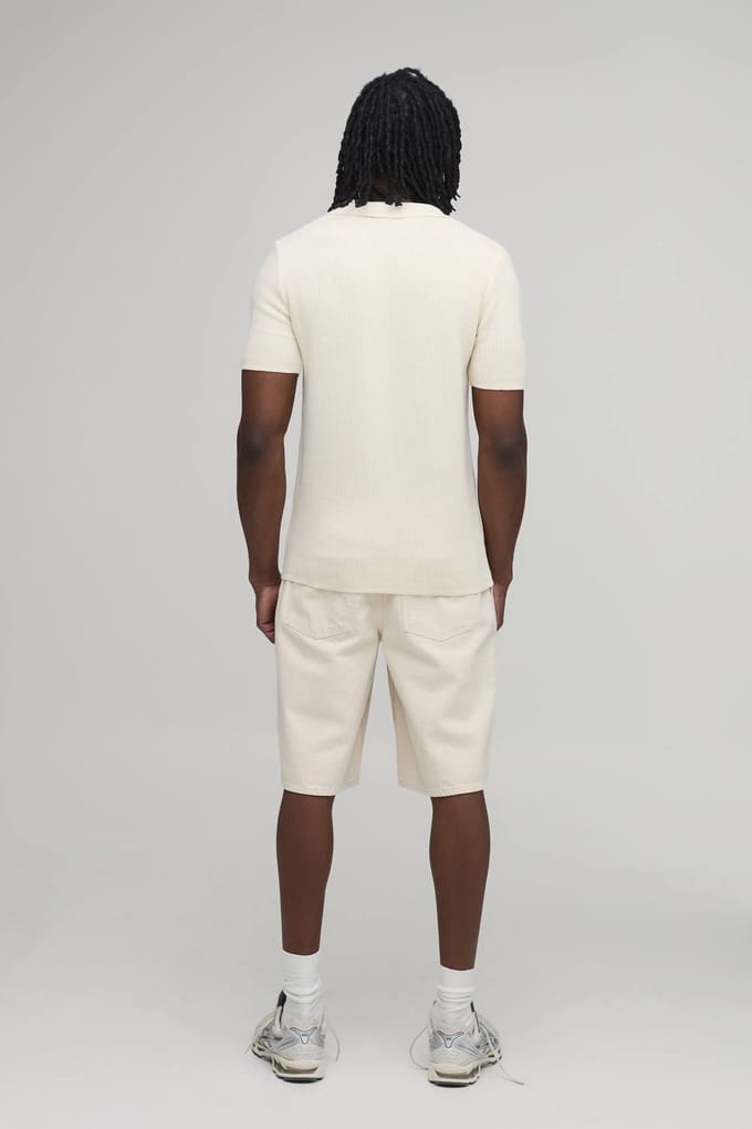 Tall Regular Fit Cotton Blend Ribbed Knitted Polo T-Shirt | Ecru | Size Large