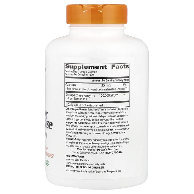 Doctor'S Best, zeer krachtige serrapeptase, 120.000 SpU, 270 vegetarische capsules