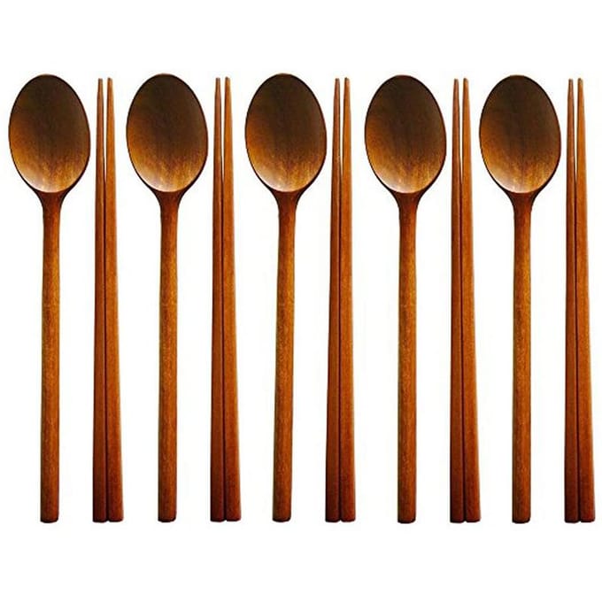Ensemble de 5 ustensiles de table coréens en bois de jujubier faits à la main, cuillères et baguettes pur