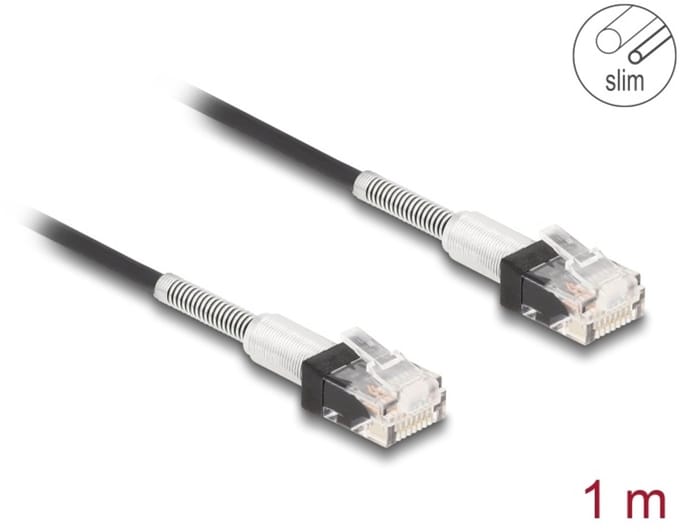 Delock RJ45 Network Cable with double bend protection Cat.6A UTP Slim 1 m black