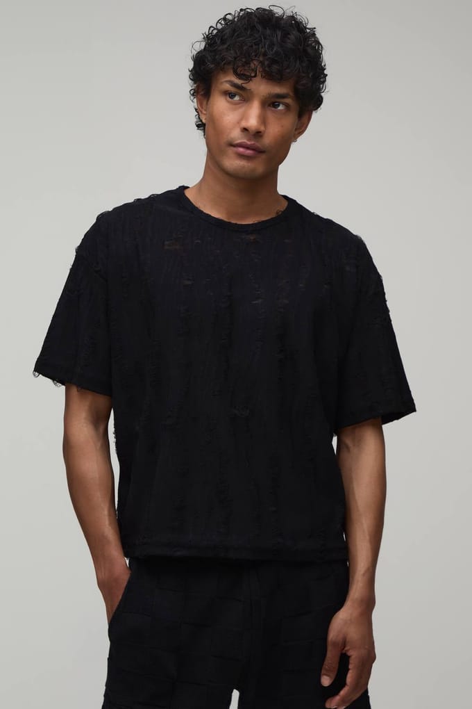 Oversized Boxy Geweven Burn-out T-shirt | Black | Size Small