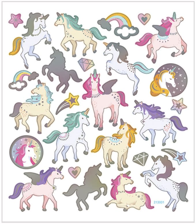 Stickers, unicorns, vel 15x16,5 cm, ca. 27 stuk, 1 vel