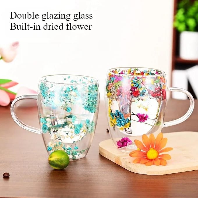 Tasse à café en verre à double paroi avec fleurs séchées, 350 ml, décorative et créative, avec fleurs séchées 350ml