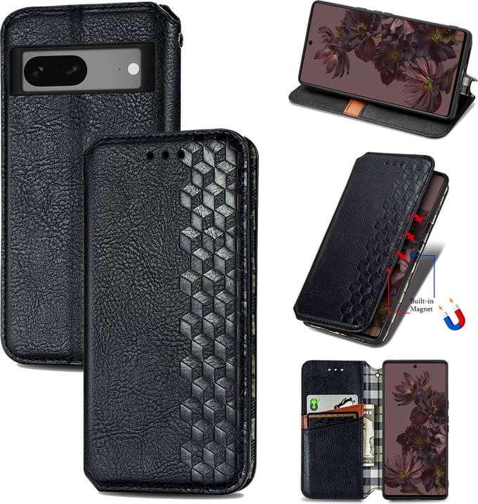 Luxe PU Lederen Ruitpatroon Wallet Case + Glas Screenprotector voor Google Pixel 7 _ Zwart