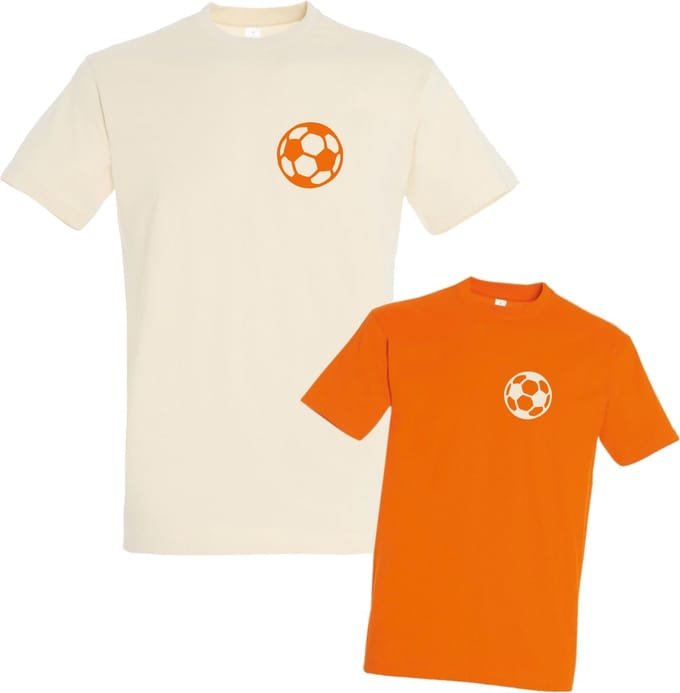 Shirts voor Vader en Kind-Beige-Oranje-met voetbal-Heren L-Kind 86