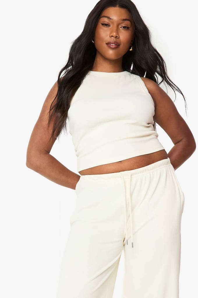boohoo Dames Plus Racer Rib Vest en Trouser Basic Co-Ord | Ecru | Maat: 46