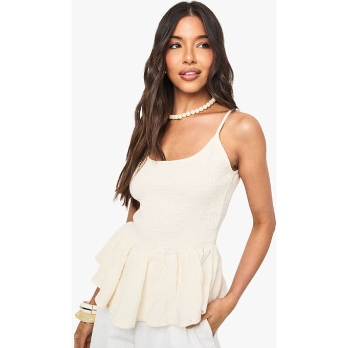 boohoo Dames Crinkle Cotton Shirred Peplum Cami | Creme | Maat: 38
