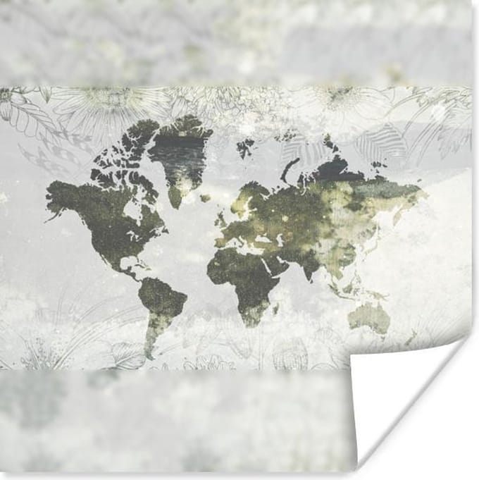 Muurdecoratie - Wereldkaart - Bloem - Grijs - 50x50 cm - Poster