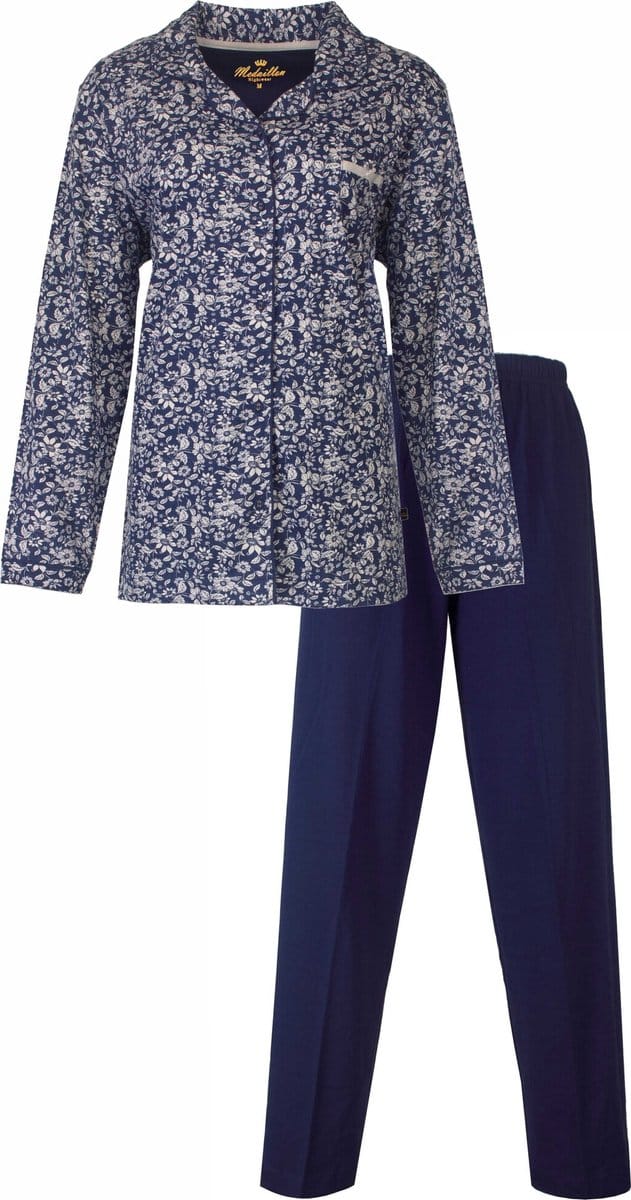 Medaillon Dames Pyjama - Doorknoop - Lange Mouwen - Blauw - Maat S