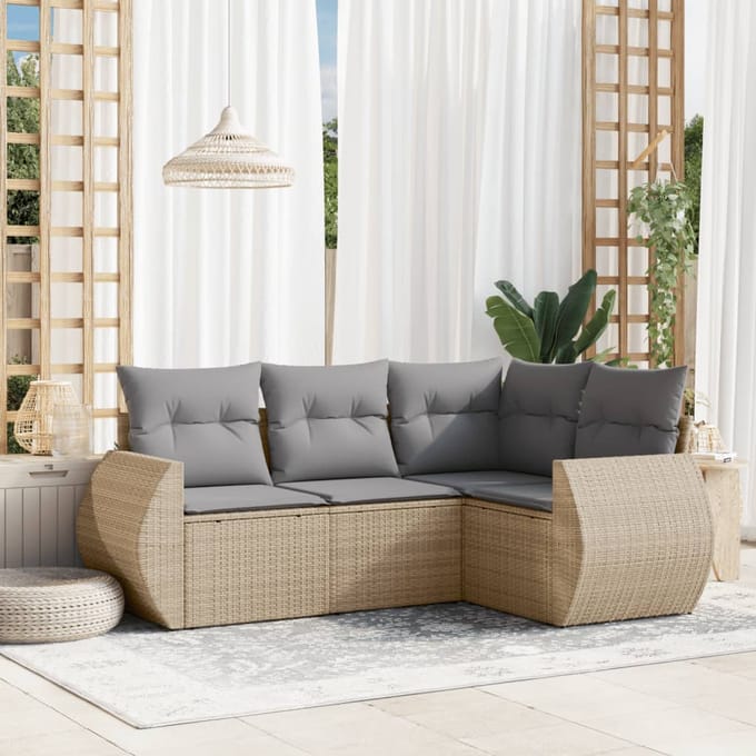 vidaXL - 4-delige - Loungeset - met - kussens - poly - rattan - beige