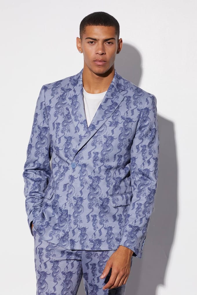 Slim Fit Wrap Dragon Printed Suit Jacket | Ice Blue | Size 46