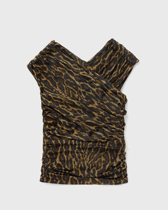 Printed Shiny Jersey Sleeveless Ruched Blouse