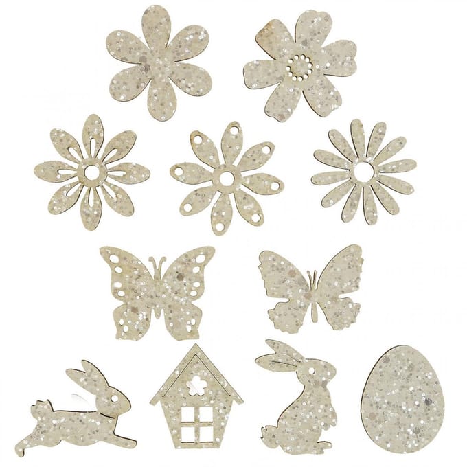 Strooidecoratie hout, strooistukken lente Pasen wit 2–4cm 64st, 64 Stü