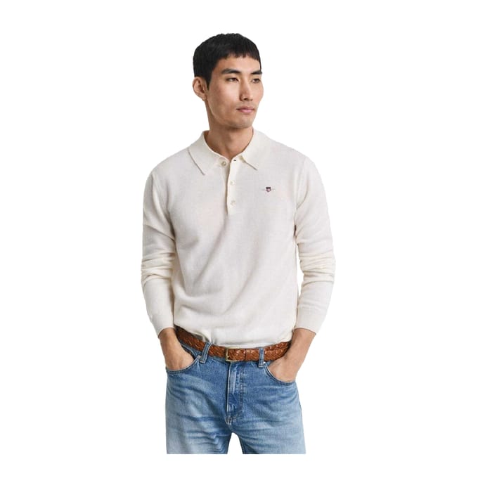 Gant Heren Lamswollen Poloshirt met Lange Mouwen (Crème)