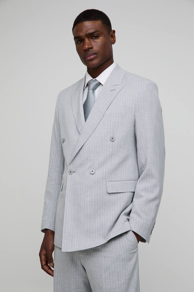 Oversized Pinstripe Double Breasted Suit Jacket | Grey | Size 46
