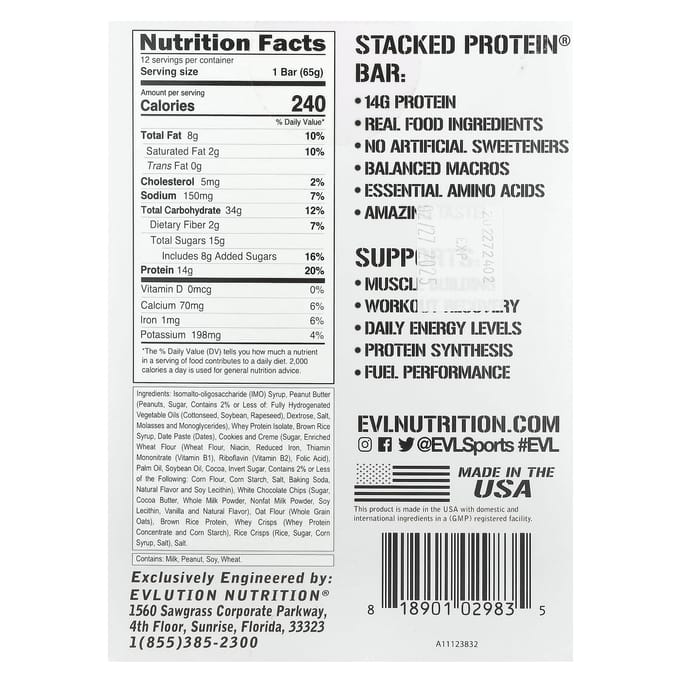 EVLution Nutrition, Gestapelde Eiwitreep, Pindakaas, Cookies & Cream, 12 repen, 65 g per stuk