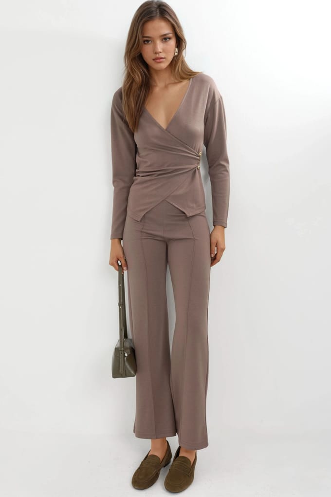 Accessoire Detail Blouse & Broek Twee-Stuk Set