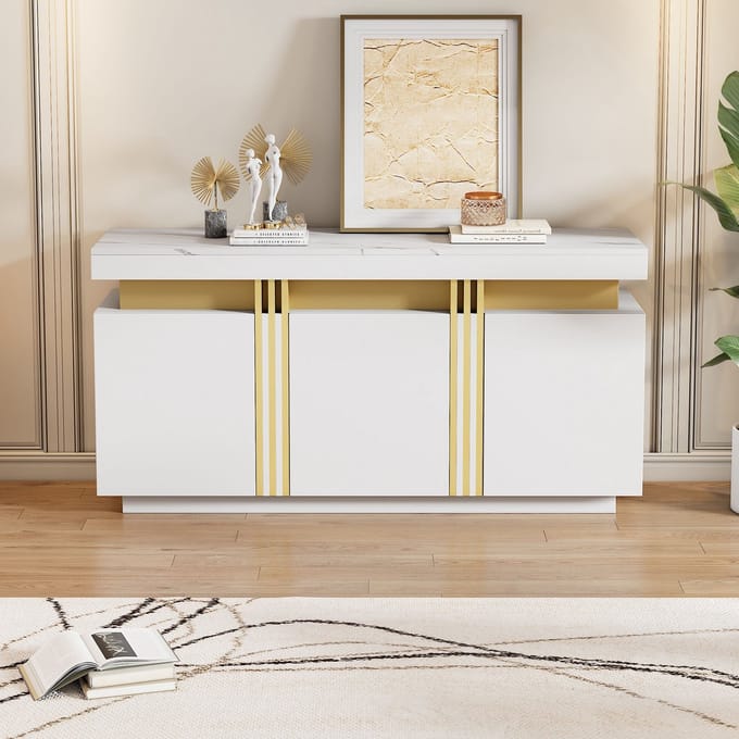 REDOM - Dressoir - 3 Deuren En Verstelbare Legplanken - Modern - Woonkamer - Spaanplaat - Wit - 140 X 38 X 70 Cm