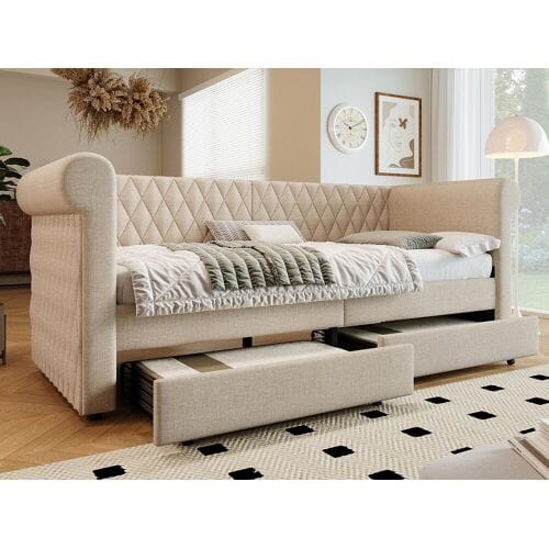ModernLuxe Dagbed met 2 lades in linnenstof - 90x200cm - met lattenbodem - Beige