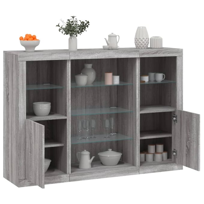 vidaXL - Dressoirs - met - LED-verlichting - 3 - st - bewerkt - hout - grijs - sonoma