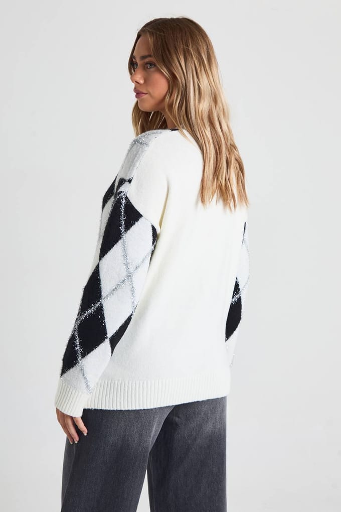 boohoo Dames Glitter Argyle-print oversized trui | Mono | Maat: Small