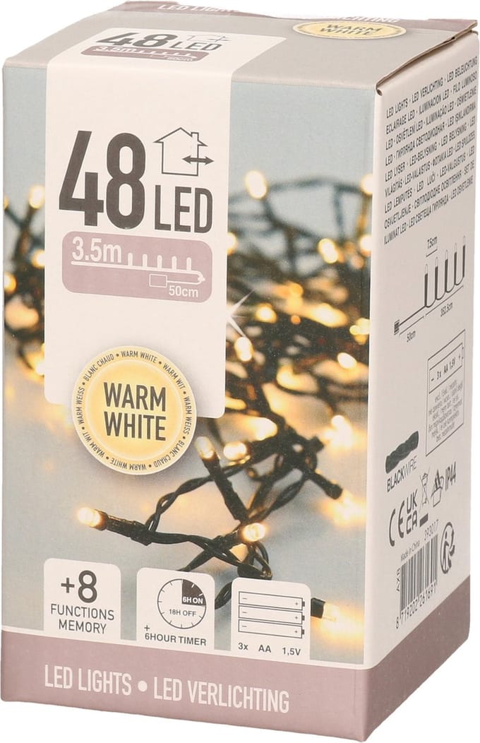 Kerstverlichting op batterij - 4 meter - Warm wit - Voor buiten - 48 lampjes