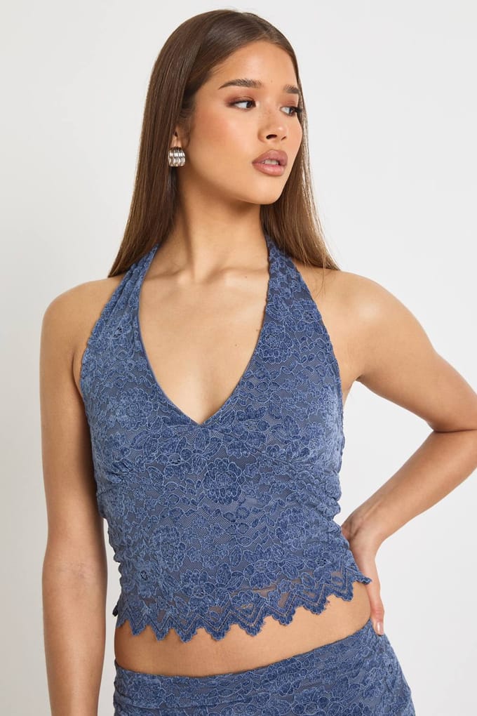 boohoo Dames Geflockte kant haltertop | Blue | Maat: 10