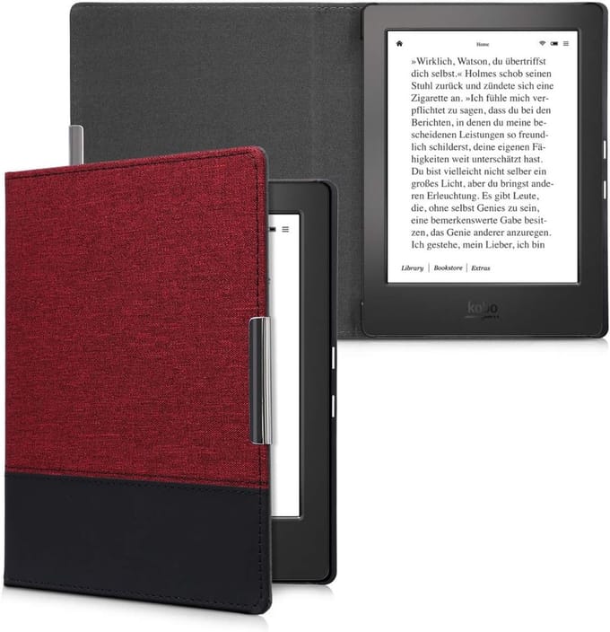 Canvas beschermhoes voor e-reader - Donkerrood/Zwart - Compatibel met Kobo Aura H2O