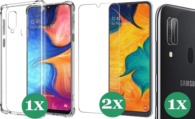 Hoesje geschikt voor Samsung Galaxy A30 - 2x Screenprotector Glas & 1x Camera Screen Protector - Transparant Shock Case