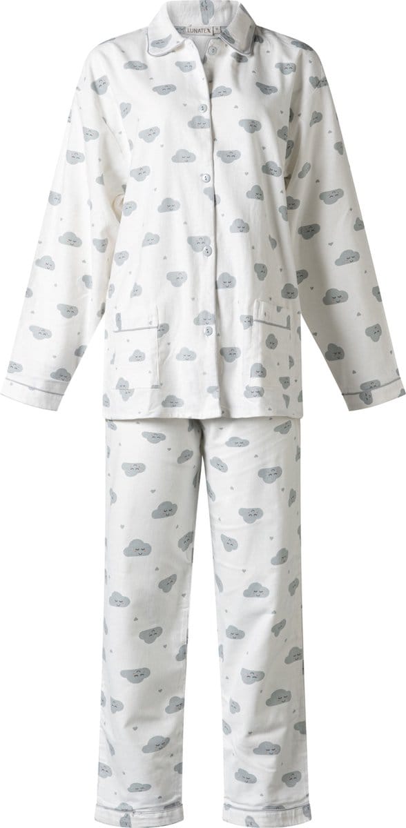Lunatex dames pyjama flanel - maat XXL - Happy cloud - ivoor