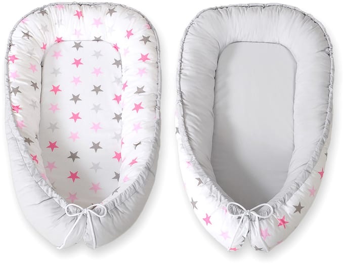 Babynestje dubbelzijdig Premium Cocoon voor baby's BOBONO- sterren roze-grijs/grijs