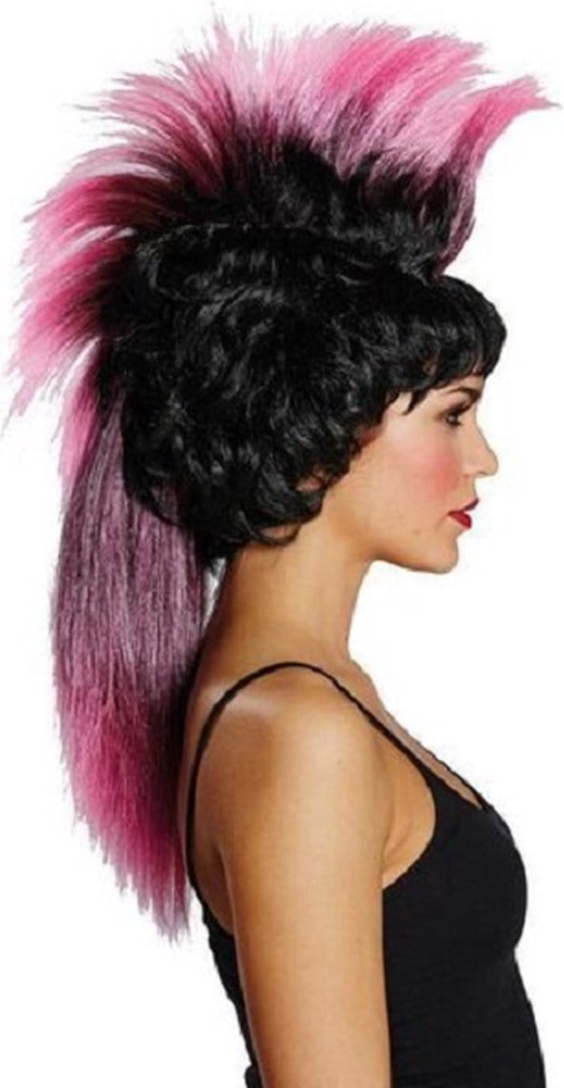 Zwart roze pruik Punky