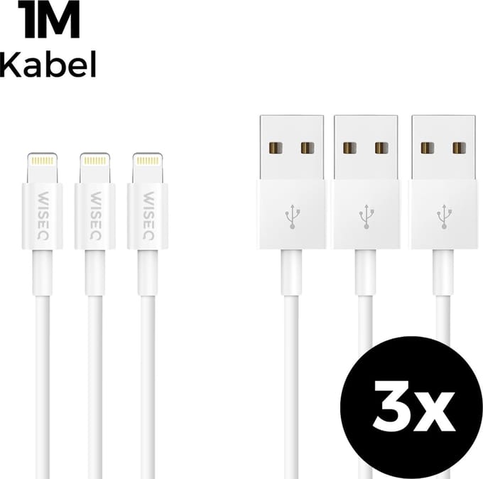 Lightning kabel 1 meter - set van 3 - Premium USB naar Lightning oplaadkabel - geschikt voor iPhone en iPad - wit - WiseQ