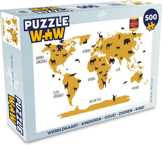 Puzzel Wereldkaart - Kinderen - Goud - Dieren - Kind - Legpuzzel - Puzzel 500 stukjes