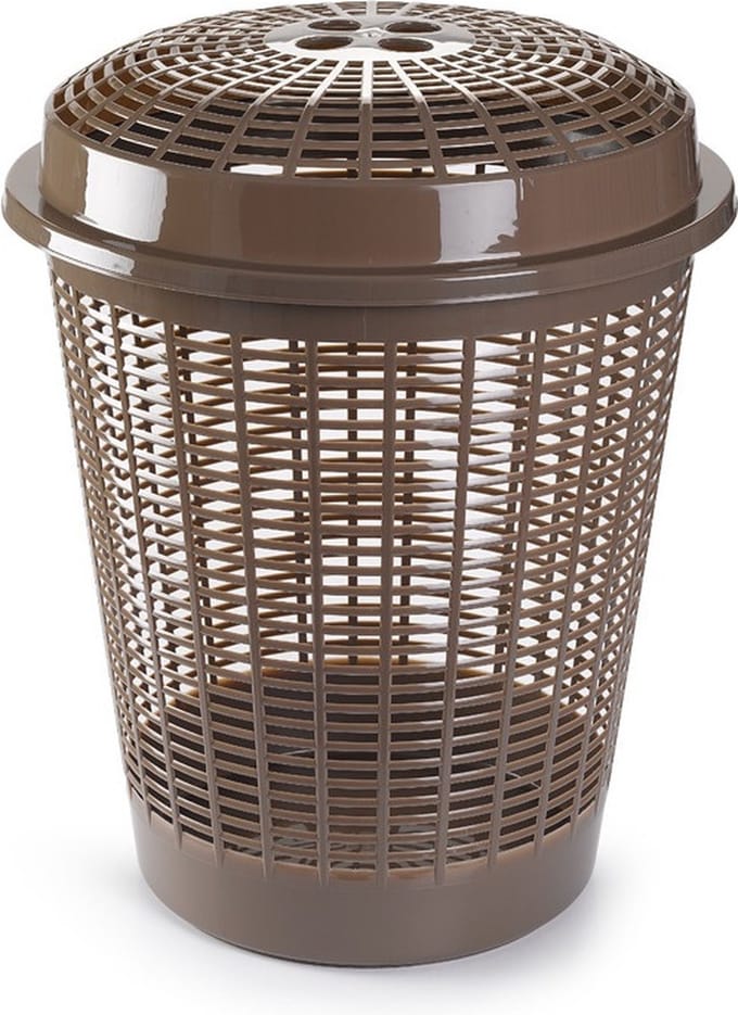Plasticforte Wasmand met deksel - 50 liter - bruin - rond - D45 x H57 cm - opbergmand