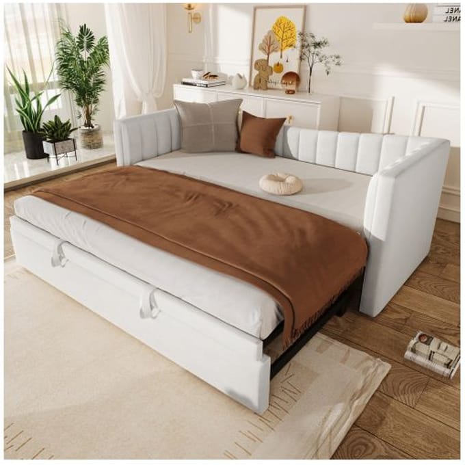 Dagbed - MUVOE - 90 x 200 cm - Witte fluweel - Uitschuifbed - Minimalistisch wit
