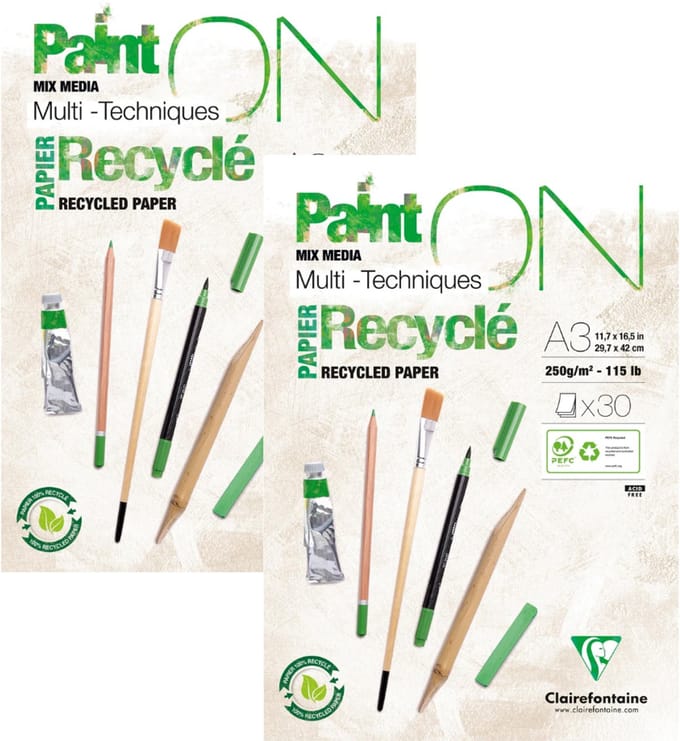 Clairefontaine - Paint ON - Multi-Techniek Pad - Tekenpapier - Schilderpapier -Recycled wit - A3 - 250 g - 30 vel - 2 pack