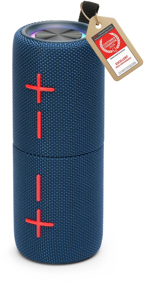 TZS First Austria Bluetooth Speaker 10W - Draadloze TWS Stereo Luidspreker - IPX5, FM-Radio, MicroSD & AUX - USB-C - Blauw