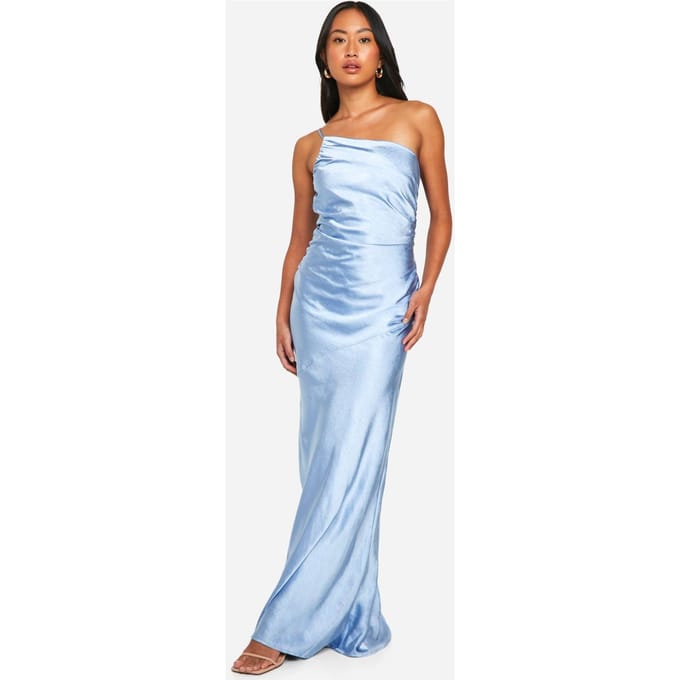 boohoo Dames Bruidsmeisje Satijn Asymmetrische Maxi Jurk | Blauw | Maat: 42