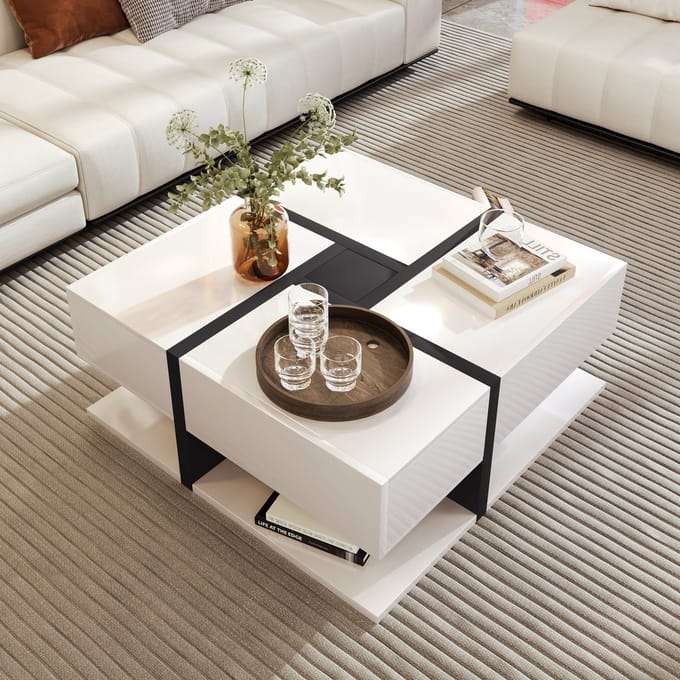 OKWISH Salontafels 78x78x36 cm - Salon Tafel Met Lade - Hoogglans Afwerking - Functioneel Design - Vierkant - Spaanplaat - Wit